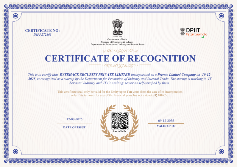 Official Certificate of Recognition issued to ByteHack Security Private Limited